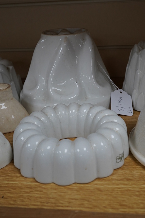 Seven Victorian Shelley jelly moulds, two others and three glasses. Condition - fair
